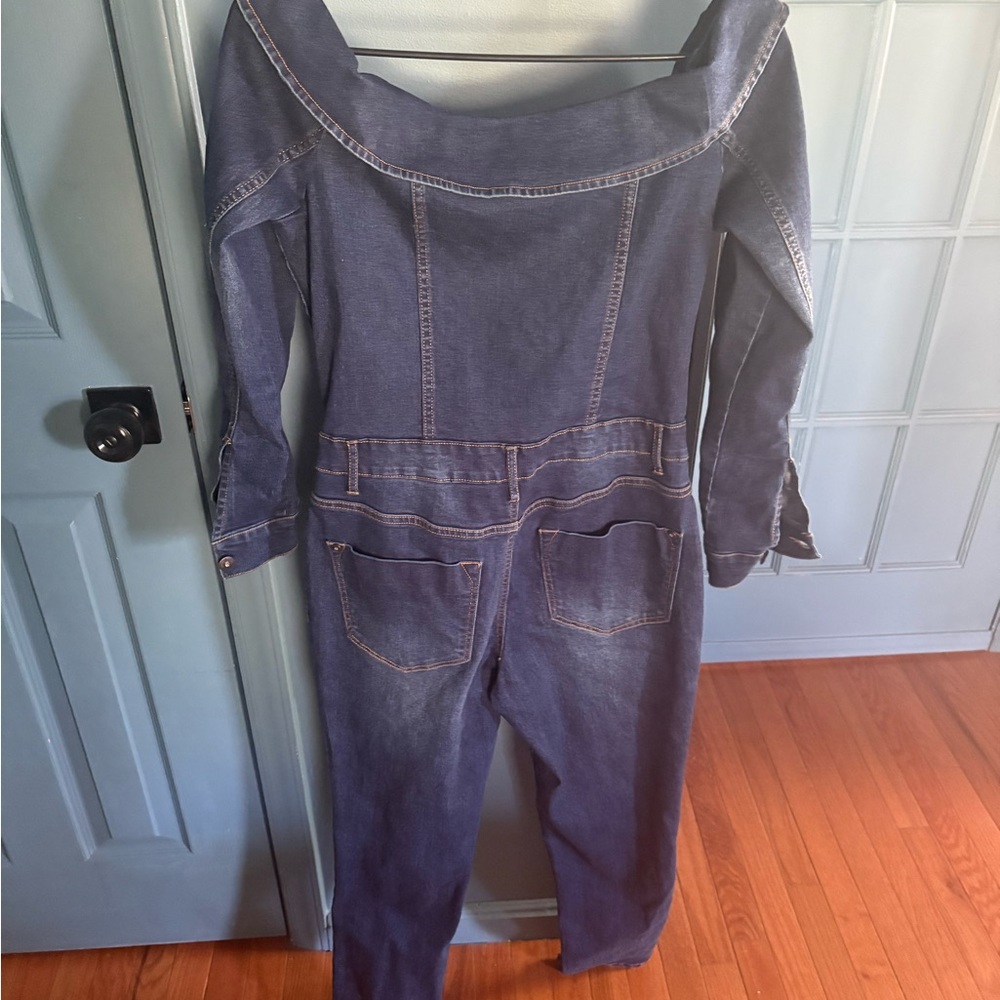 Off-Shoulder Dark Blue Women’s Jeans Jumpsuit - Picture 8 of 8